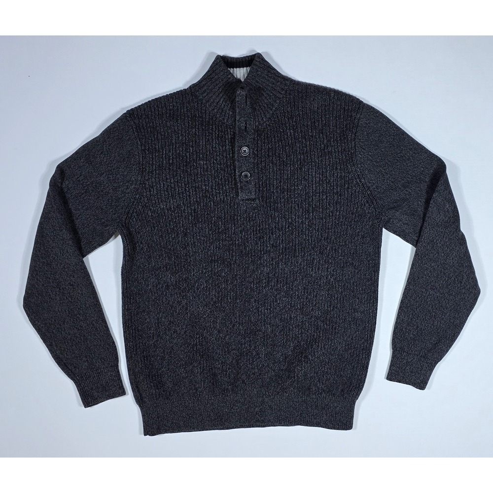 Nautica Men's Charcoal Gray 100% Cotton Ribbed Mock Neck Button Sweater Medium